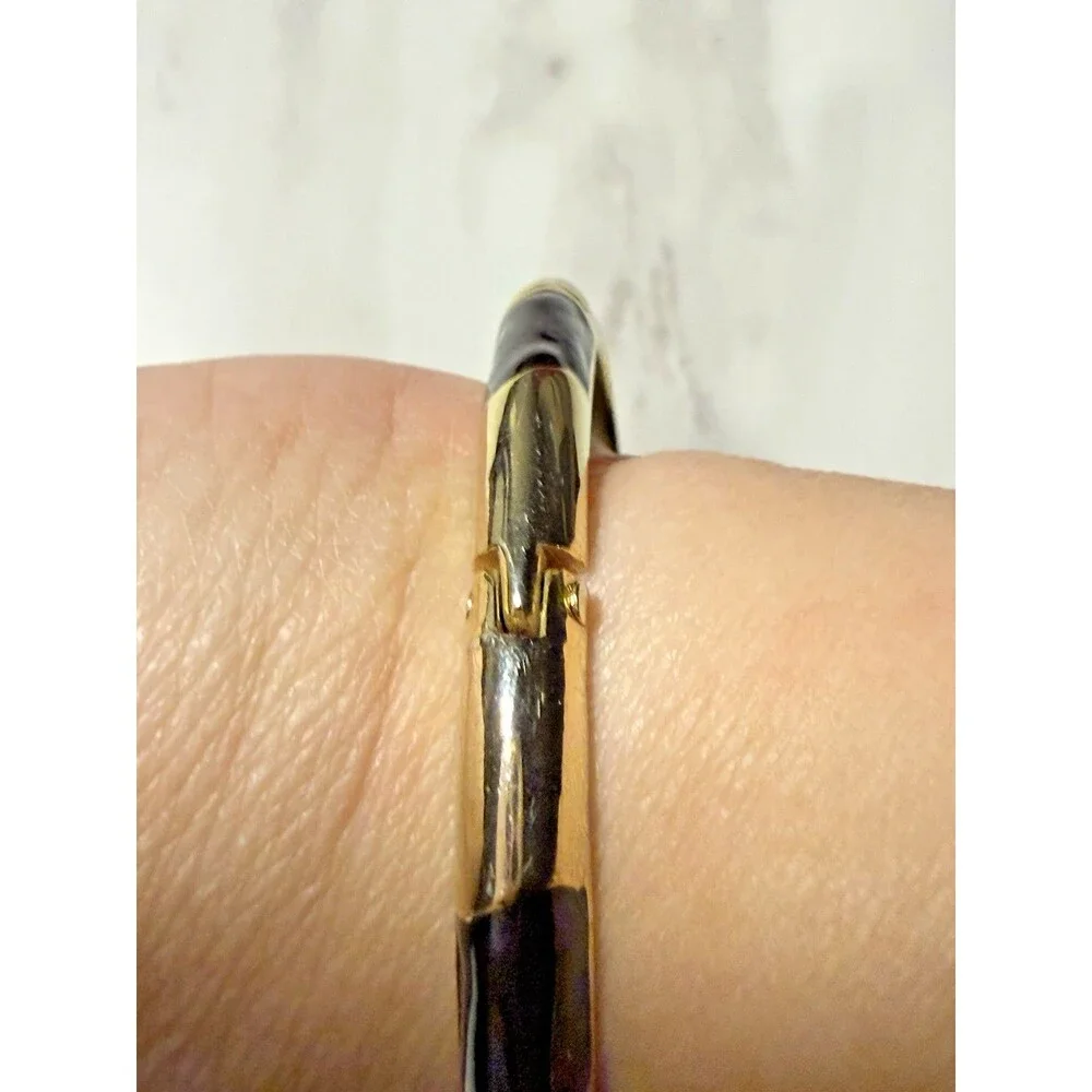 Vintage Black & Gold Toned Hinged Clamper Bangle Bracelet